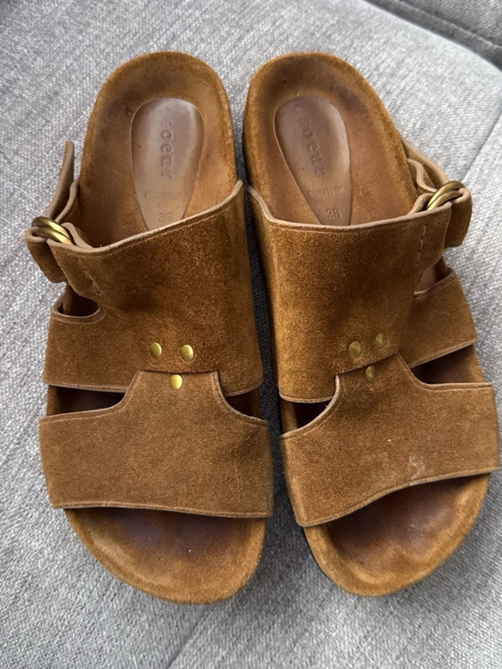 soeur Brown Suede Slide Sandals with Brass Accents